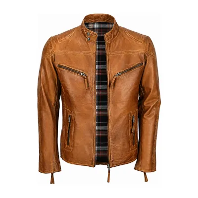 Tan Distressed Café Racer Leather Jacket