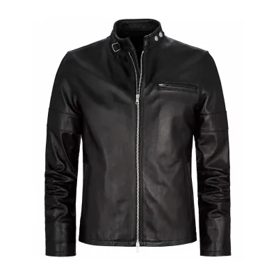 Black Minimalist Café Racer Leather Jacket