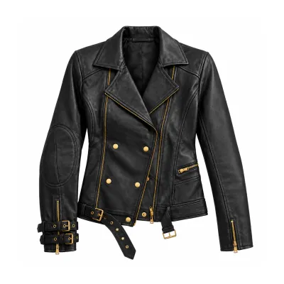 Black Leather Moto Jacket with Gold Hardware